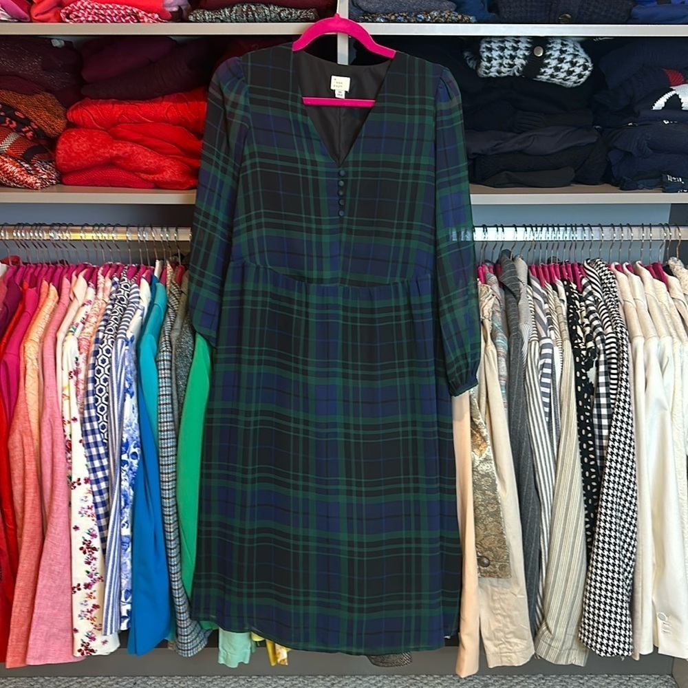 A New Day green/black/blue plaid long sleeve V neck midi dress size XS